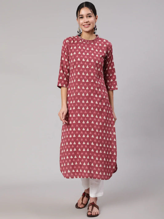 Women Mauve Ethnic Printed Straight Kurta With Three Quarter Sleeves | LASVINI - Redefining Indian Fashion with Elegance