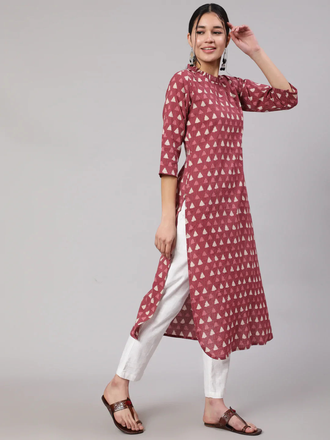 Women Mauve Ethnic Printed Straight Kurta With Three Quarter Sleeves | LASVINI - Redefining Indian Fashion with Elegance