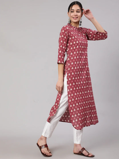 Women Mauve Ethnic Printed Straight Kurta With Three Quarter Sleeves | LASVINI - Redefining Indian Fashion with Elegance
