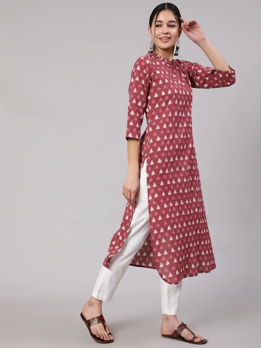 Women Mauve Ethnic Printed Straight Kurta With Three Quarter Sleeves | LASVINI - Redefining Indian Fashion with Elegance