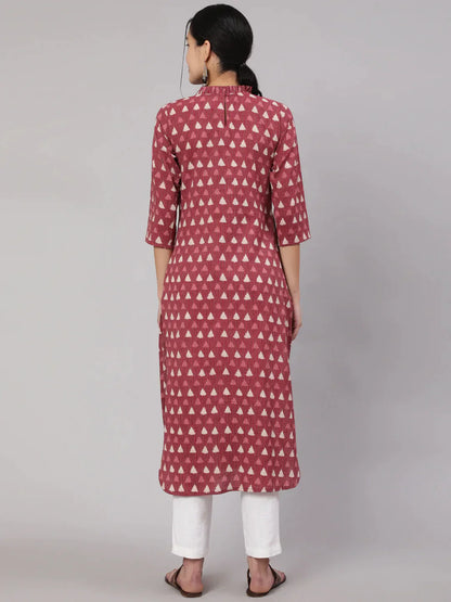 Women Mauve Ethnic Printed Straight Kurta With Three Quarter Sleeves | LASVINI - Redefining Indian Fashion with Elegance