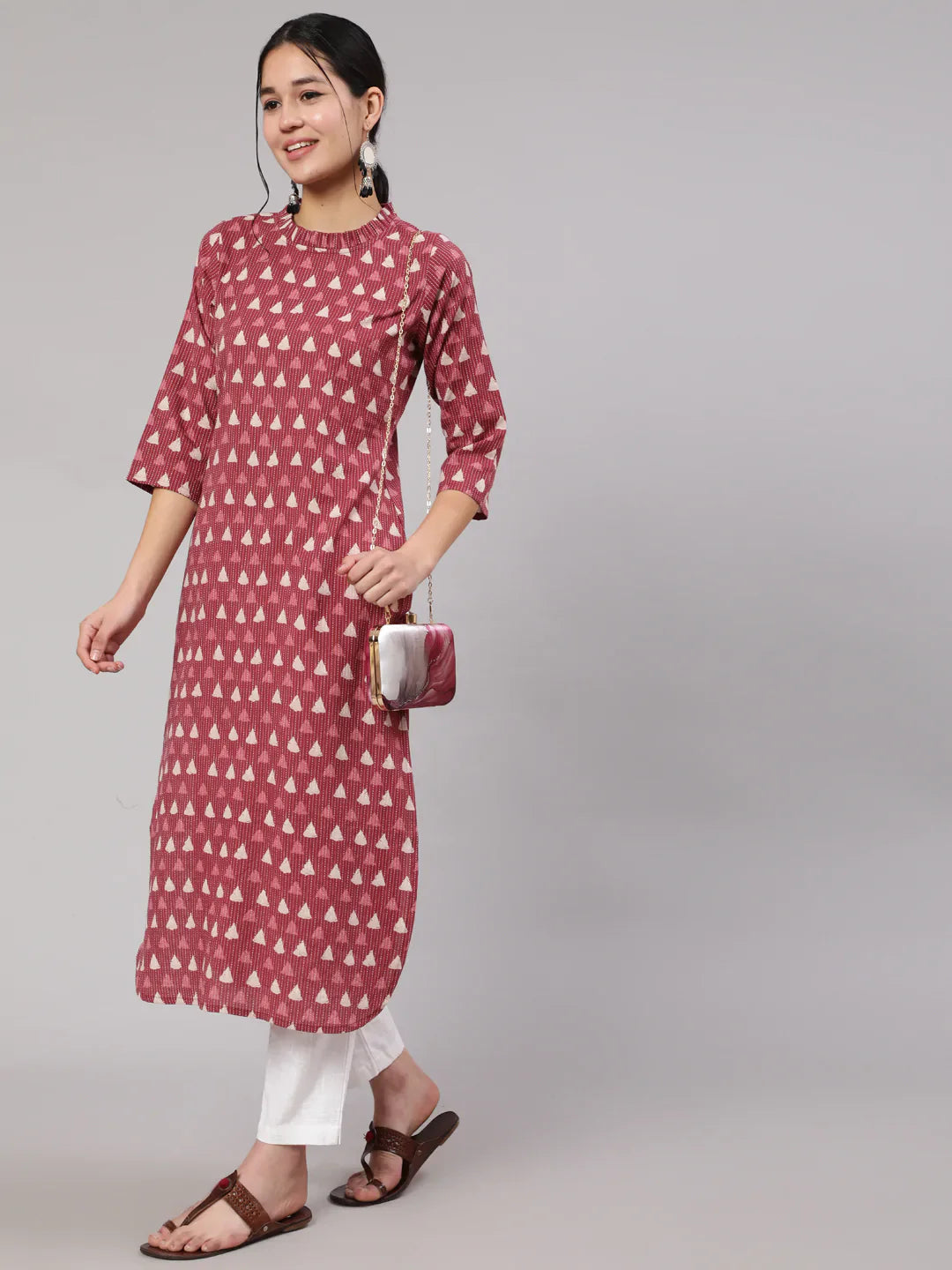 Women Mauve Ethnic Printed Straight Kurta With Three Quarter Sleeves | LASVINI - Redefining Indian Fashion with Elegance