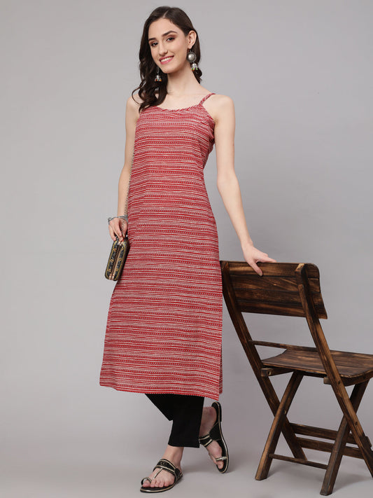 Women Red Geometric Printed Straight Sleevesless Kurta | LASVINI - Redefining Indian Fashion with Elegance