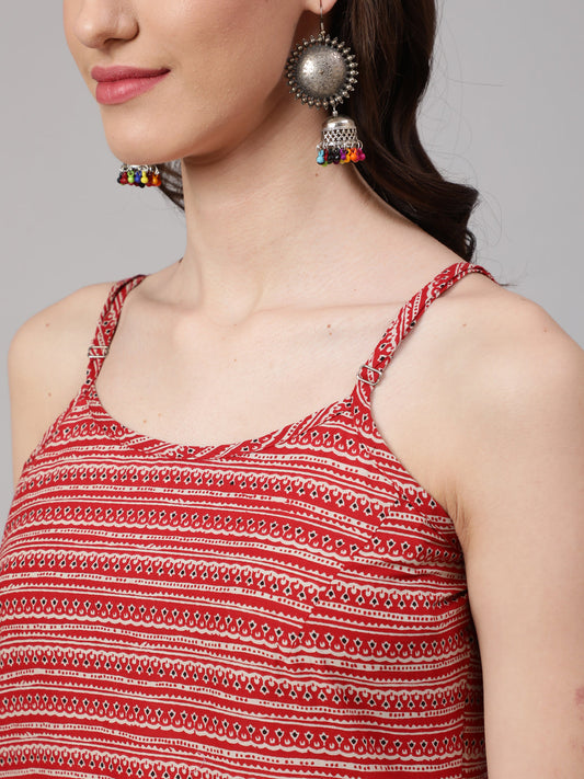 Women Red Geometric Printed Straight Sleevesless Kurta | LASVINI - Redefining Indian Fashion with Elegance