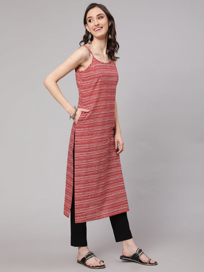 Women Red Geometric Printed Straight Sleevesless Kurta | LASVINI - Redefining Indian Fashion with Elegance