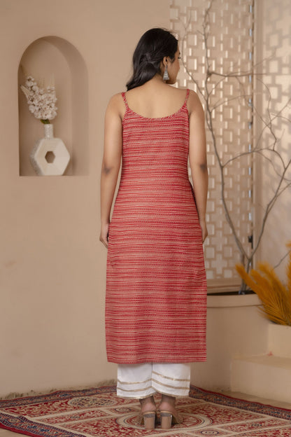 Women Red Geometric Printed Straight Sleeveless Kurta | LASVINI - Redefining Indian Fashion with Elegance