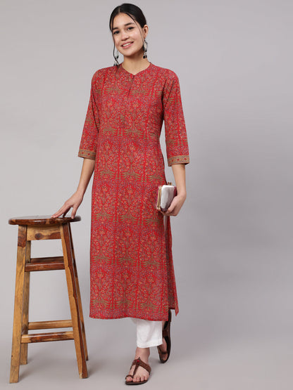 Women Red Printed Straight Kurta With Three Quarter Sleeves | LASVINI - Redefining Indian Fashion with Elegance