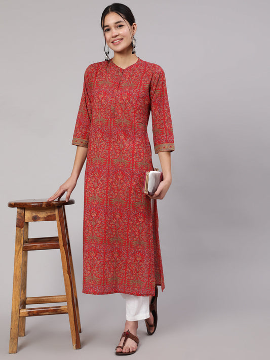 Women Red Printed Straight Kurta With Three Quarter Sleeves | LASVINI - Redefining Indian Fashion with Elegance