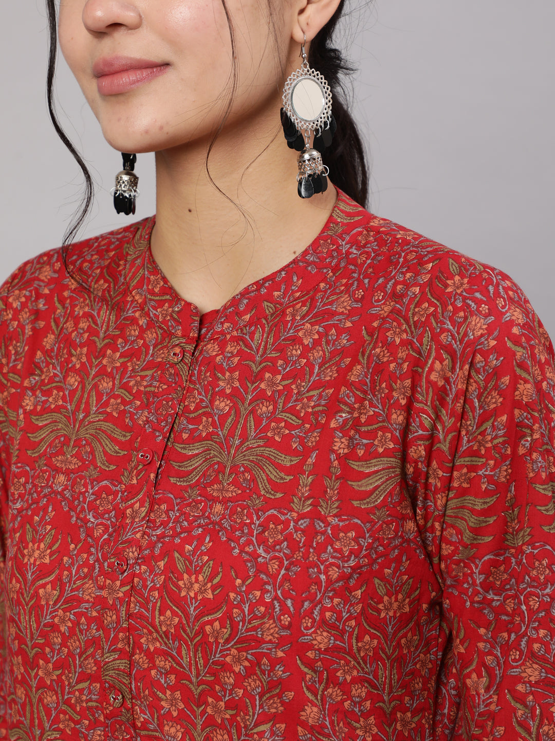 Women Red Printed Straight Kurta With Three Quarter Sleeves | LASVINI - Redefining Indian Fashion with Elegance