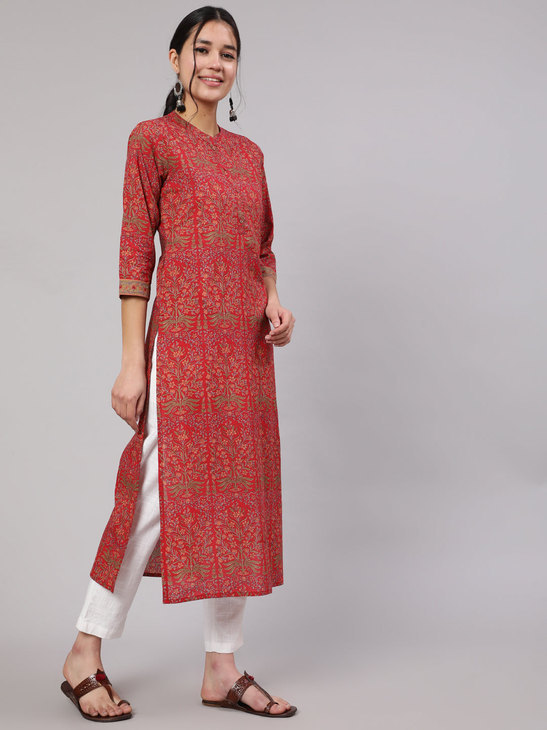 Women Red Printed Straight Kurta With Three Quarter Sleeves | LASVINI - Redefining Indian Fashion with Elegance