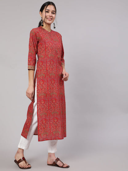 Women Red Printed Straight Kurta With Three Quarter Sleeves | LASVINI - Redefining Indian Fashion with Elegance
