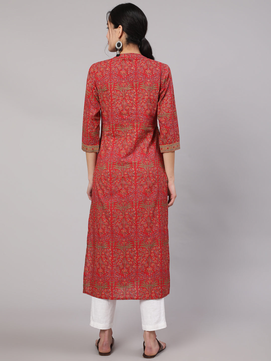 Women Red Printed Straight Kurta With Three Quarter Sleeves | LASVINI - Redefining Indian Fashion with Elegance
