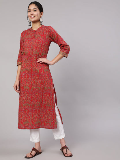 Women Red Printed Straight Kurta With Three Quarter Sleeves | LASVINI - Redefining Indian Fashion with Elegance