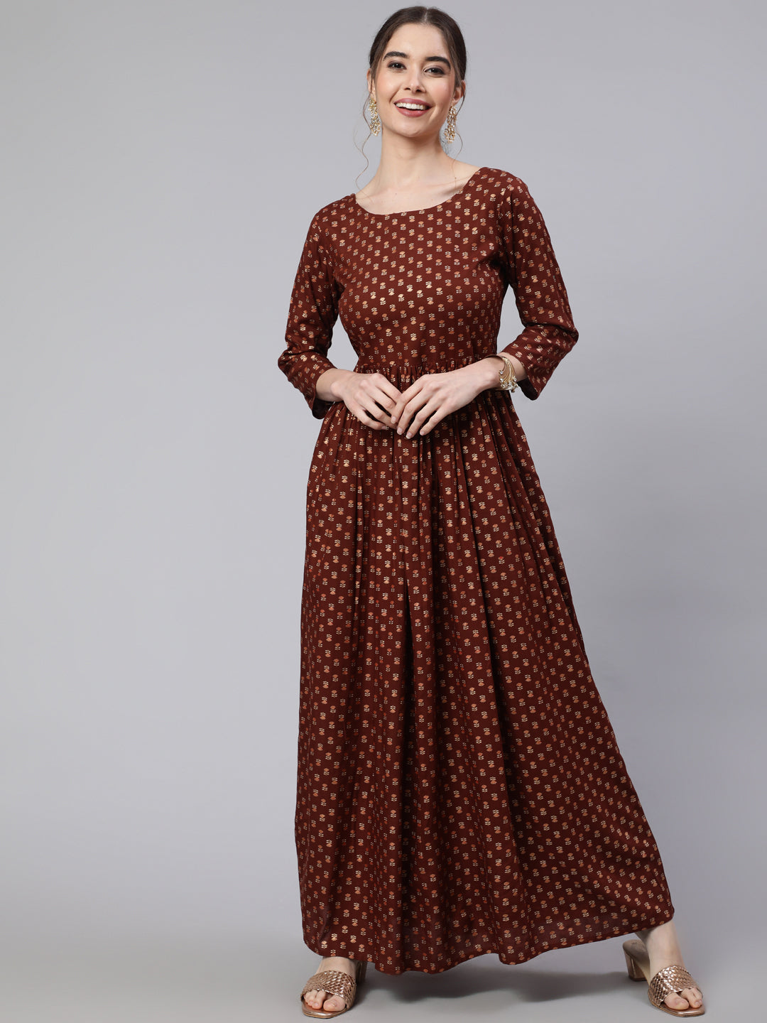 Women Brown Printed Flared Dress With Three Quarter Sleeves | LASVINI - Redefining Indian Fashion with Elegance