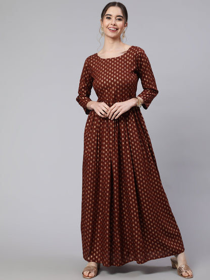 Women Brown Printed Flared Dress With Three Quarter Sleeves | LASVINI - Redefining Indian Fashion with Elegance