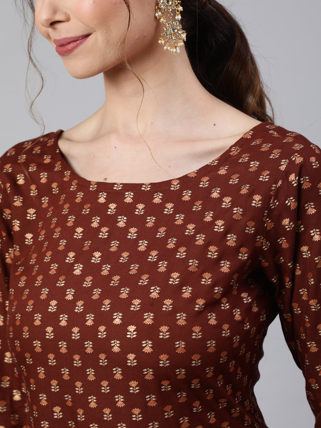Women Brown Printed Flared Dress With Three Quarter Sleeves | LASVINI - Redefining Indian Fashion with Elegance