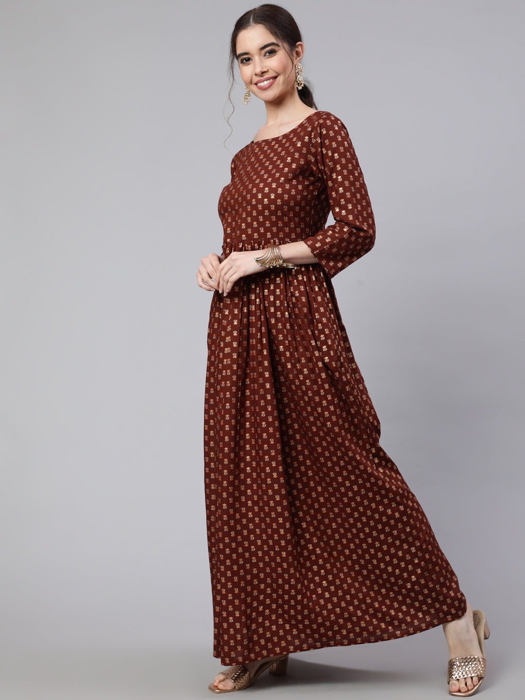 Women Brown Printed Flared Dress With Three Quarter Sleeves | LASVINI - Redefining Indian Fashion with Elegance