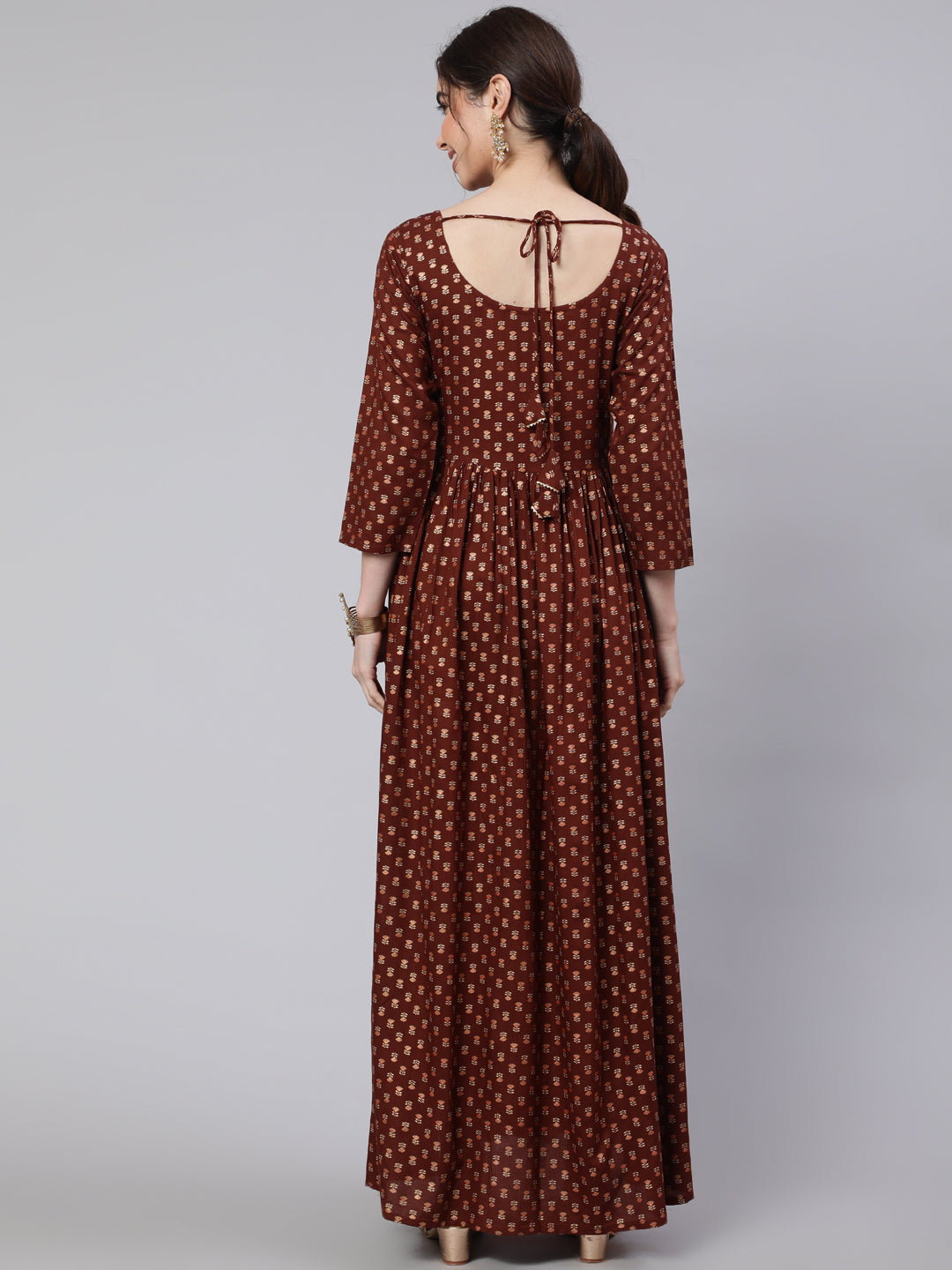 Women Brown Printed Flared Dress With Three Quarter Sleeves | LASVINI - Redefining Indian Fashion with Elegance