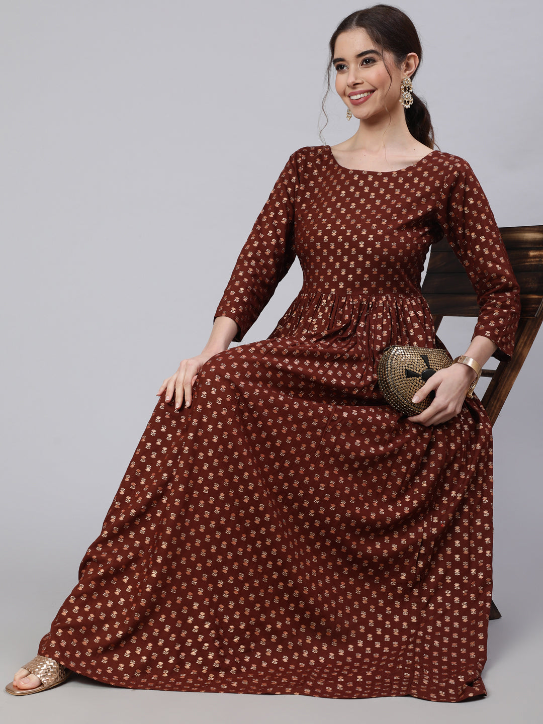 Women Brown Printed Flared Dress With Three Quarter Sleeves | LASVINI - Redefining Indian Fashion with Elegance