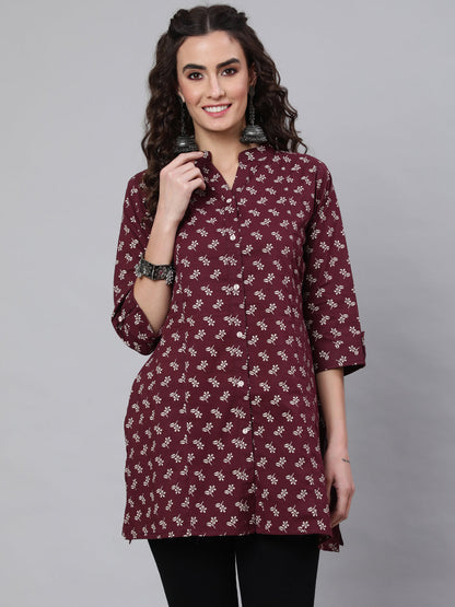 Women Burgundy Printed Straight Tunic With Three Quarter Sleeves | LASVINI - Redefining Indian Fashion with Elegance
