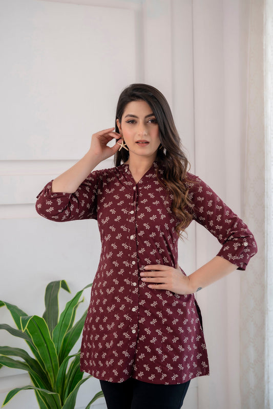 Women Burgundy Printed Straight Tunic With Three Quarter Sleeves | LASVINI - Redefining Indian Fashion with Elegance