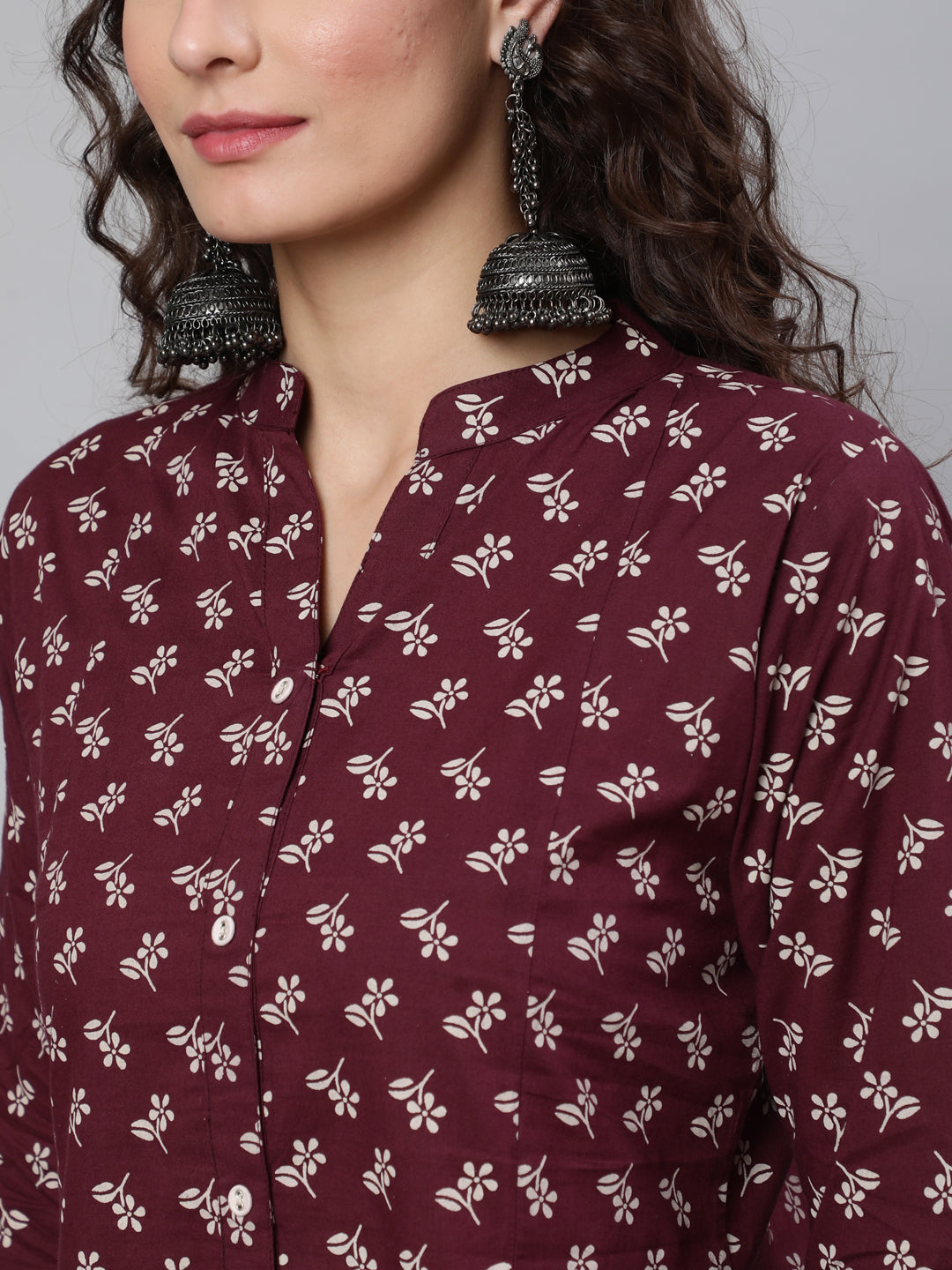 Women Burgundy Printed Straight Tunic With Three Quarter Sleeves | LASVINI - Redefining Indian Fashion with Elegance