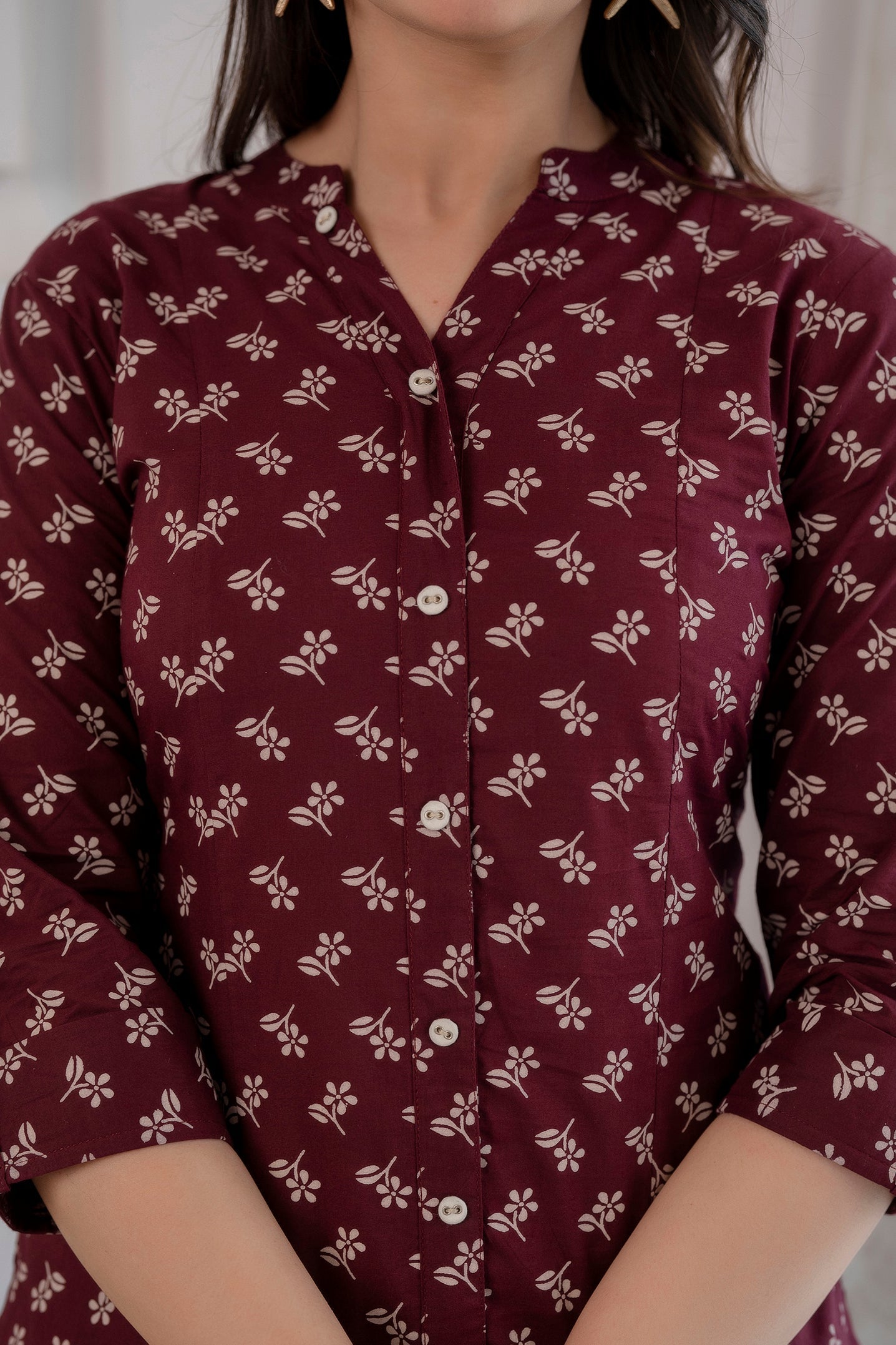Women Burgundy Printed Straight Tunic With Three Quarter Sleeves | LASVINI - Redefining Indian Fashion with Elegance