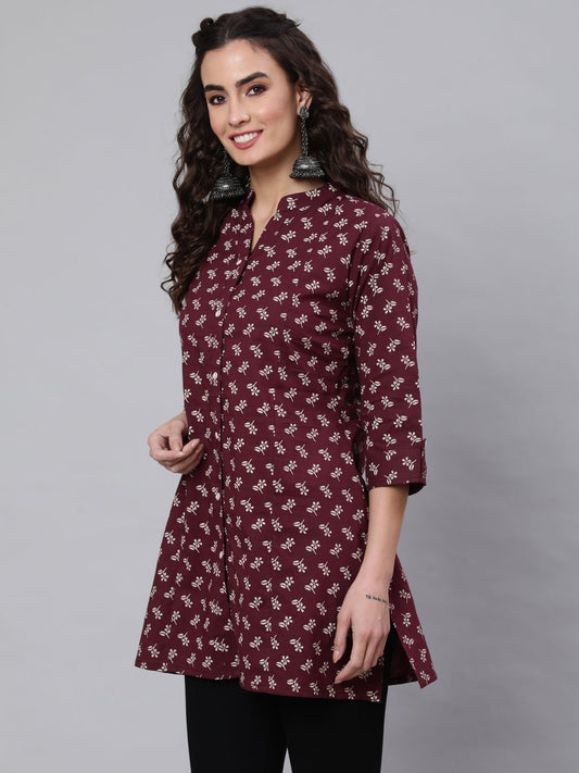 Women Burgundy Printed Straight Tunic With Three Quarter Sleeves | LASVINI - Redefining Indian Fashion with Elegance