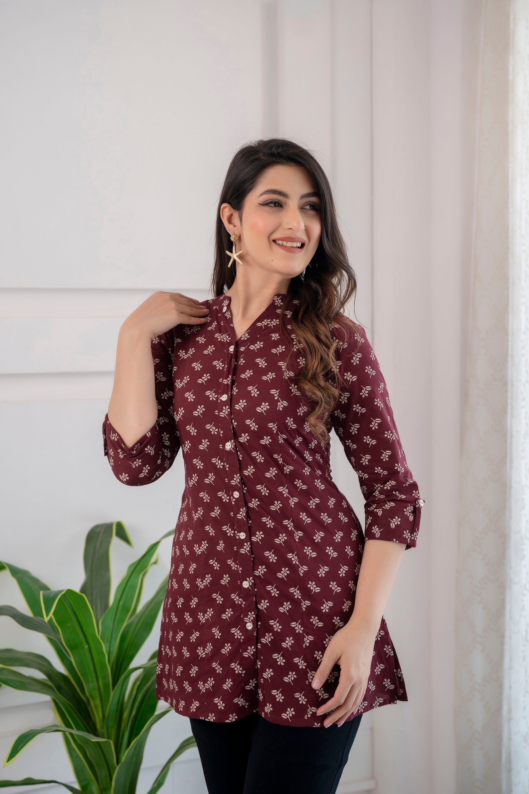 Women Burgundy Printed Straight Tunic With Three Quarter Sleeves | LASVINI - Redefining Indian Fashion with Elegance