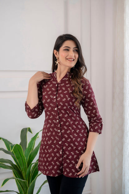 Women Burgundy Printed Straight Tunic With Three Quarter Sleeves | LASVINI - Redefining Indian Fashion with Elegance