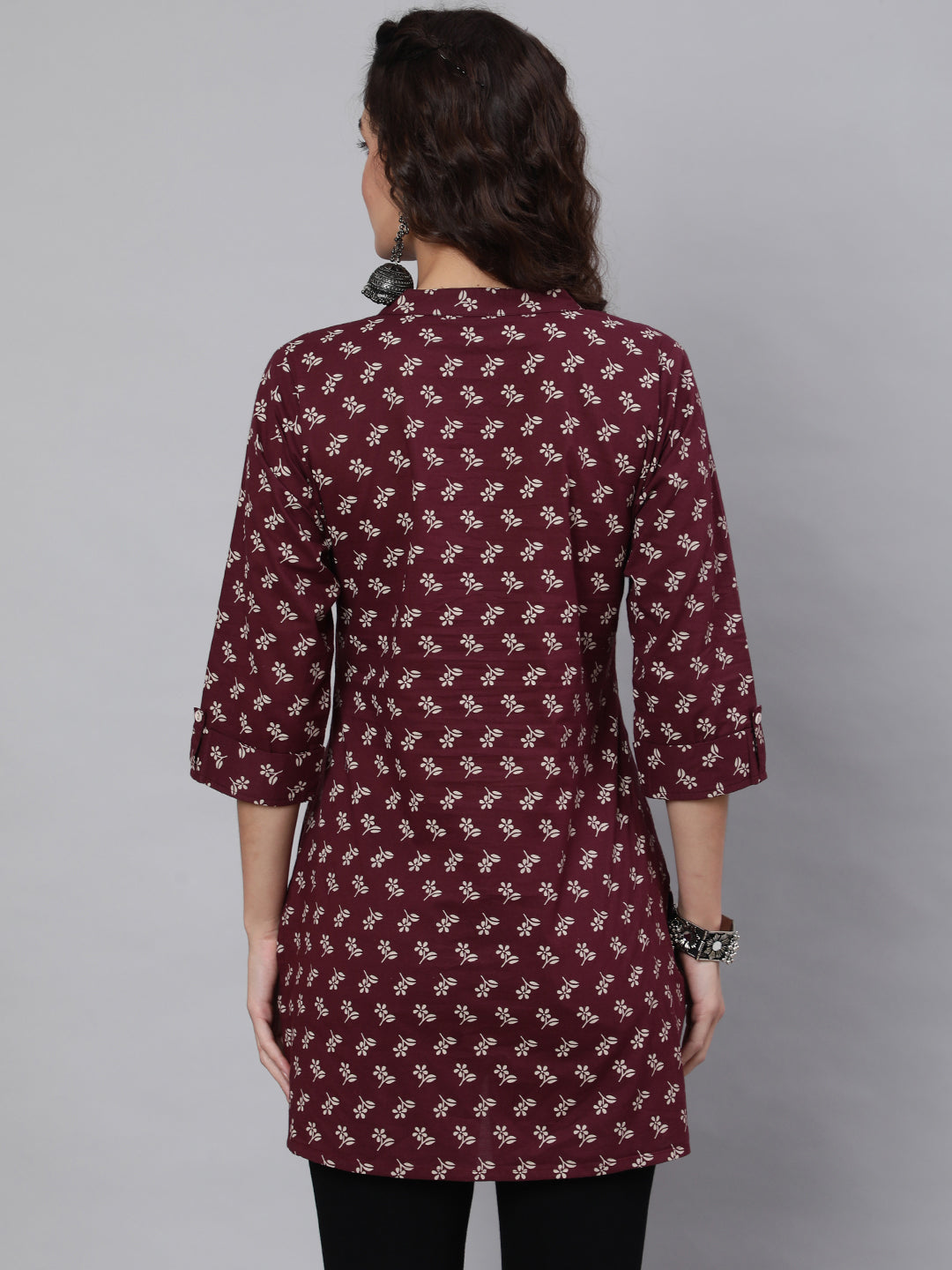 Women Burgundy Printed Straight Tunic With Three Quarter Sleeves | LASVINI - Redefining Indian Fashion with Elegance
