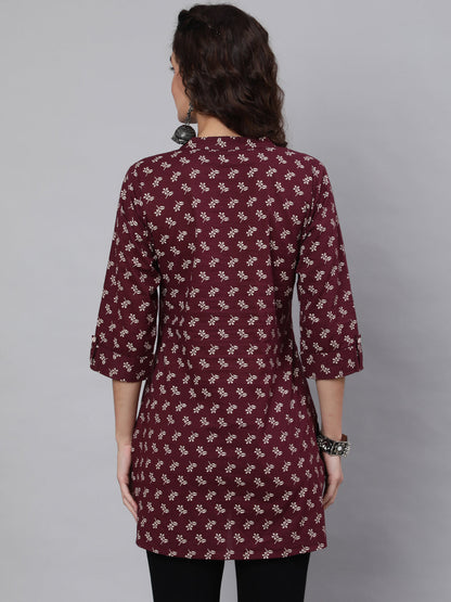 Women Burgundy Printed Straight Tunic With Three Quarter Sleeves | LASVINI - Redefining Indian Fashion with Elegance