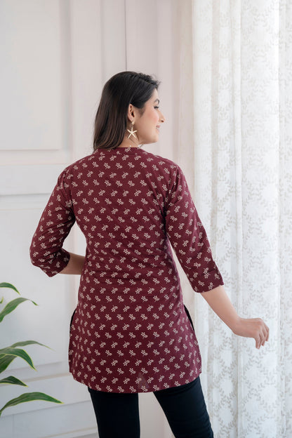 Women Burgundy Printed Straight Tunic With Three Quarter Sleeves | LASVINI - Redefining Indian Fashion with Elegance