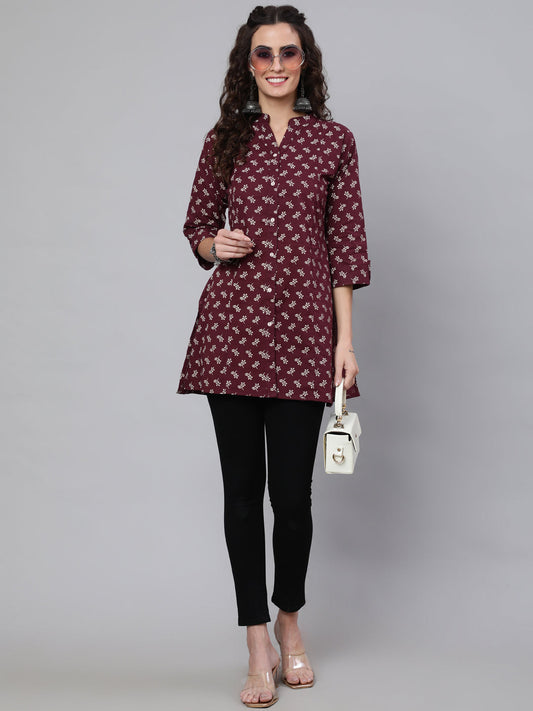 Women Burgundy Printed Straight Tunic With Three Quarter Sleeves | LASVINI - Redefining Indian Fashion with Elegance