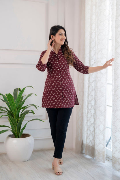 Women Burgundy Printed Straight Tunic With Three Quarter Sleeves | LASVINI - Redefining Indian Fashion with Elegance