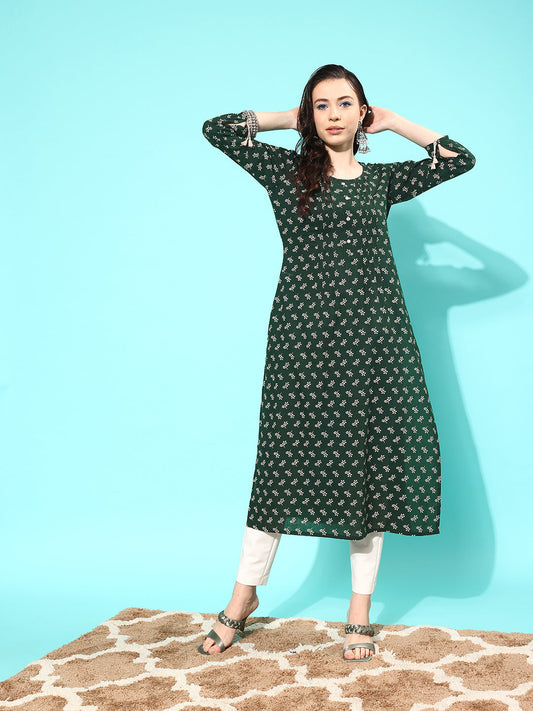 Women Green Ethnic Printed Straight Kurta With Three Quarter Sleeves | LASVINI - Redefining Indian Fashion with Elegance
