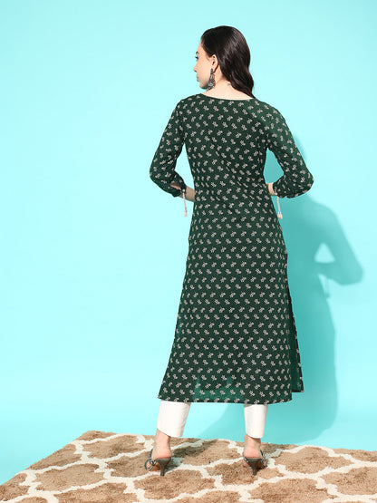 Women Green Ethnic Printed Straight Kurta With Three Quarter Sleeves | LASVINI - Redefining Indian Fashion with Elegance