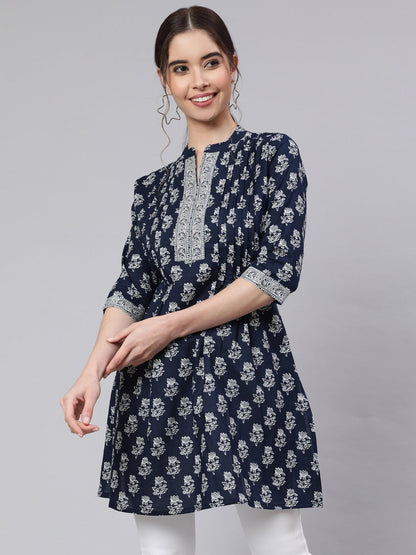 Women Navy Blue Straight Tunic With Three Quarter Sleeves | LASVINI - Redefining Indian Fashion with Elegance