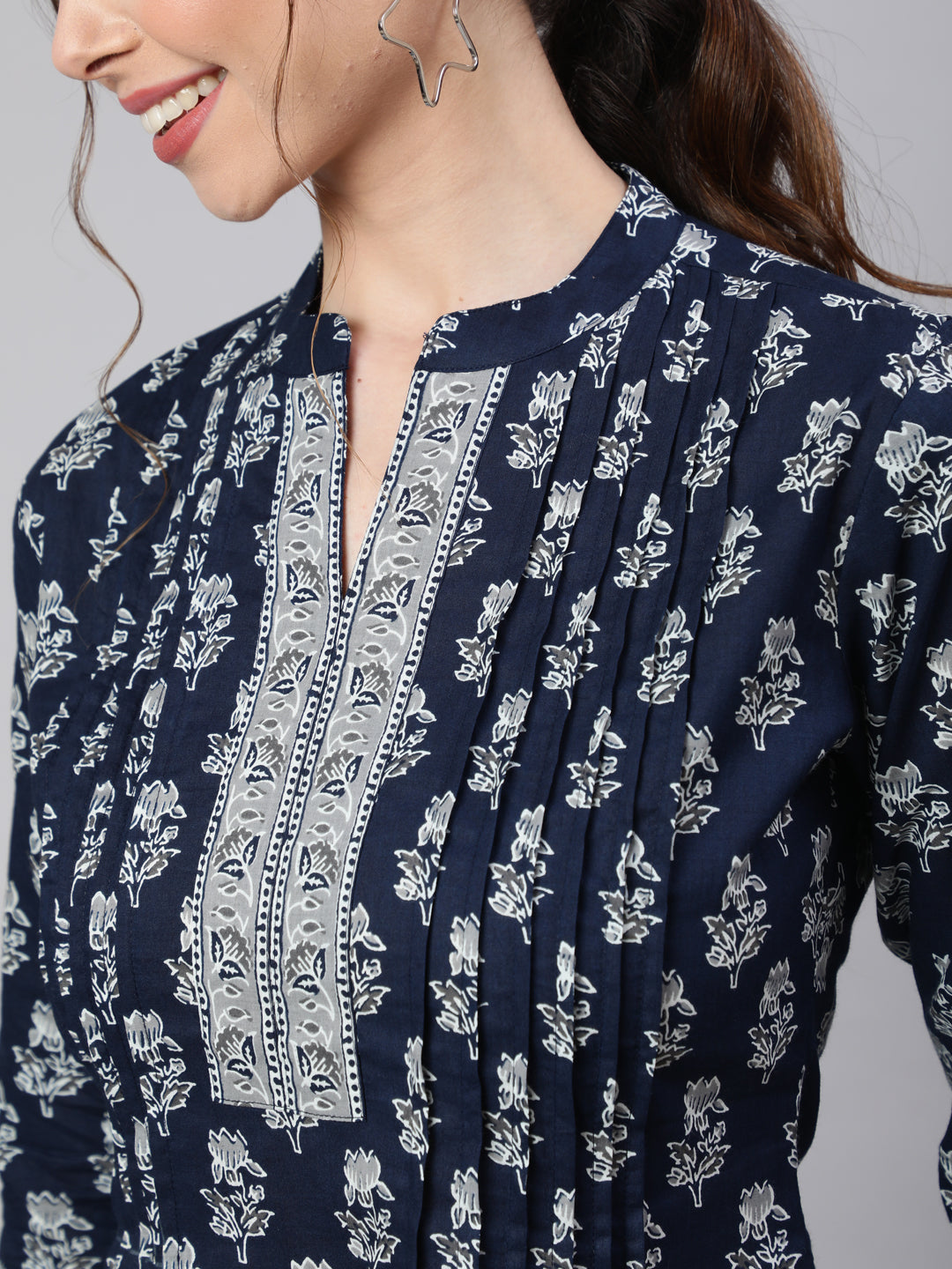 Women Navy Blue Straight Tunic With Three Quarter Sleeves | LASVINI - Redefining Indian Fashion with Elegance