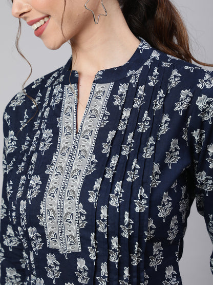 Women Navy Blue Straight Tunic With Three Quarter Sleeves | LASVINI - Redefining Indian Fashion with Elegance