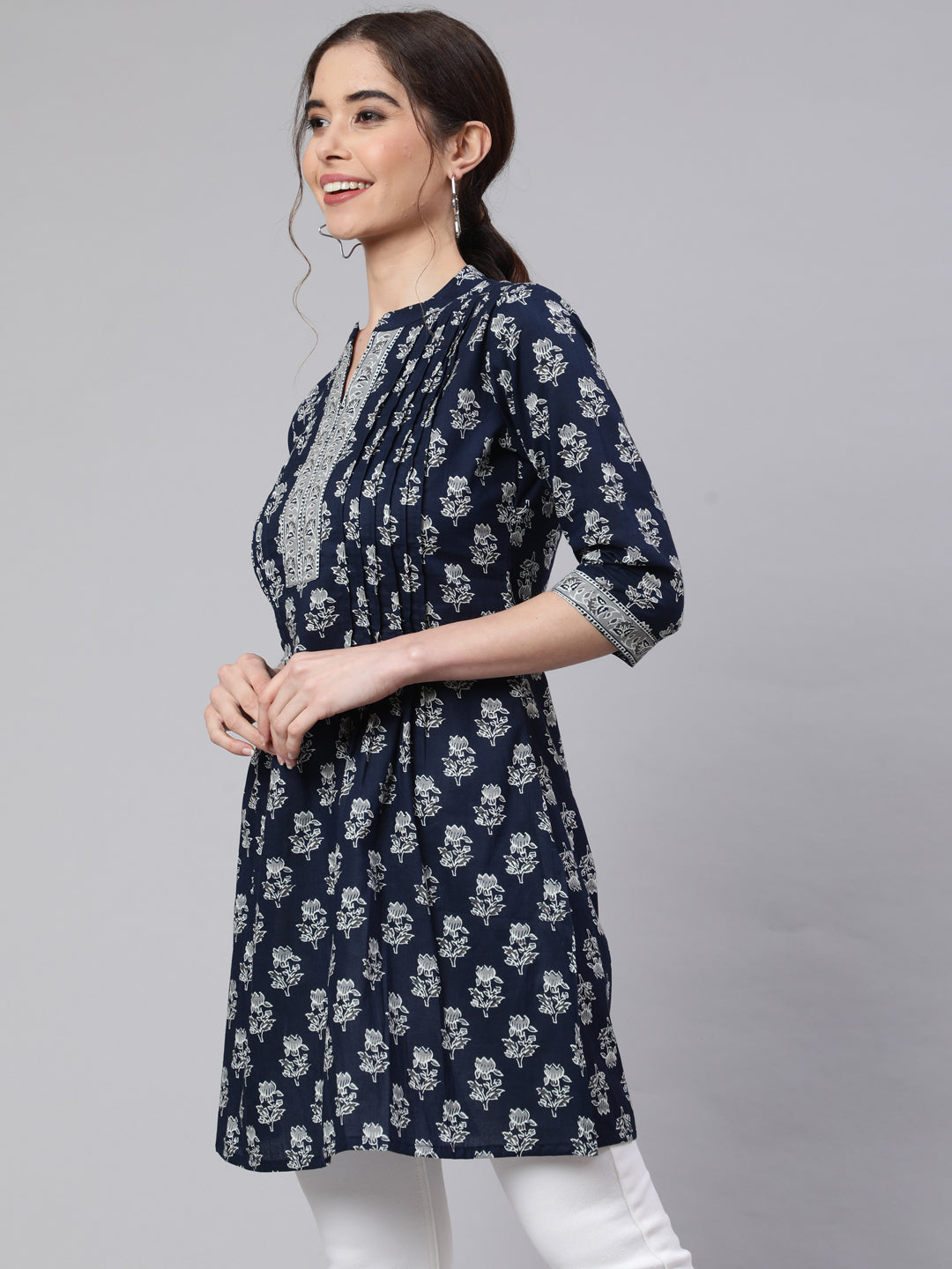 Women Navy Blue Straight Tunic With Three Quarter Sleeves | LASVINI - Redefining Indian Fashion with Elegance