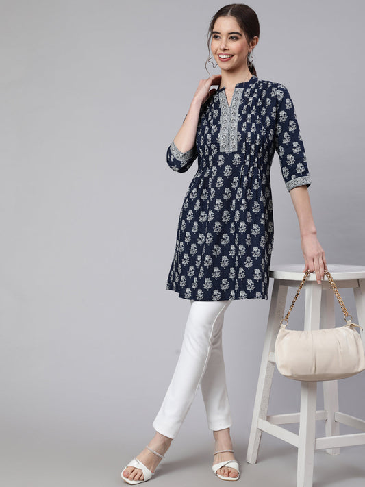 Women Navy Blue Straight Tunic With Three Quarter Sleeves | LASVINI - Redefining Indian Fashion with Elegance