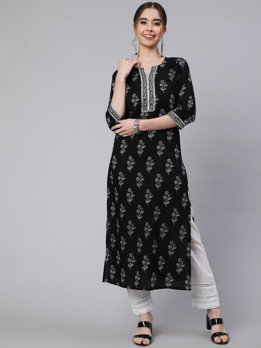 Women Black Printed Straight Kurta With Three Quarter Sleeves | LASVINI - Redefining Indian Fashion with Elegance