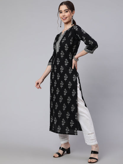 Women Black Printed Straight Kurta With Three Quarter Sleeves | LASVINI - Redefining Indian Fashion with Elegance