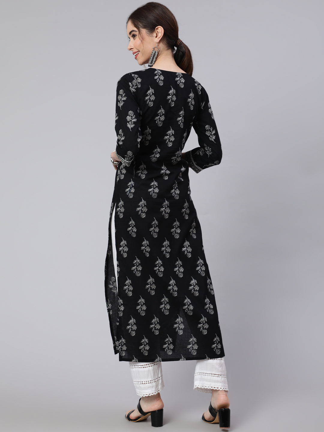 Women Black Printed Straight Kurta With Three Quarter Sleeves | LASVINI - Redefining Indian Fashion with Elegance