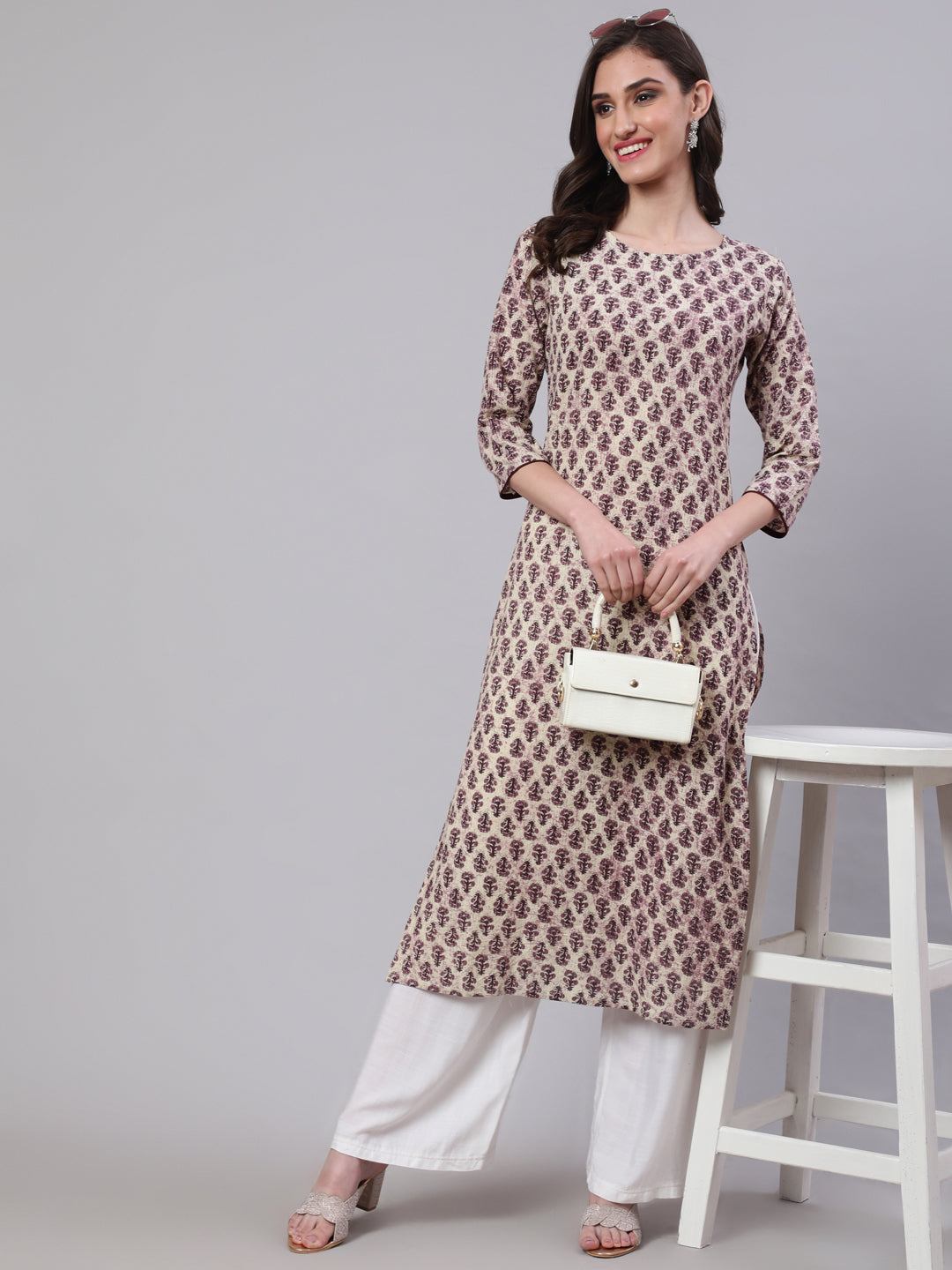 Women Beige Ethnic Printed Straight Kurta With Three Quarter Sleeves | LASVINI - Redefining Indian Fashion with Elegance
