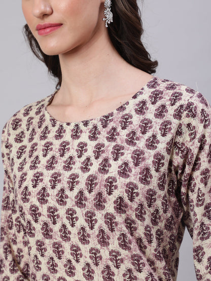 Women Beige Ethnic Printed Straight Kurta With Three Quarter Sleeves | LASVINI - Redefining Indian Fashion with Elegance