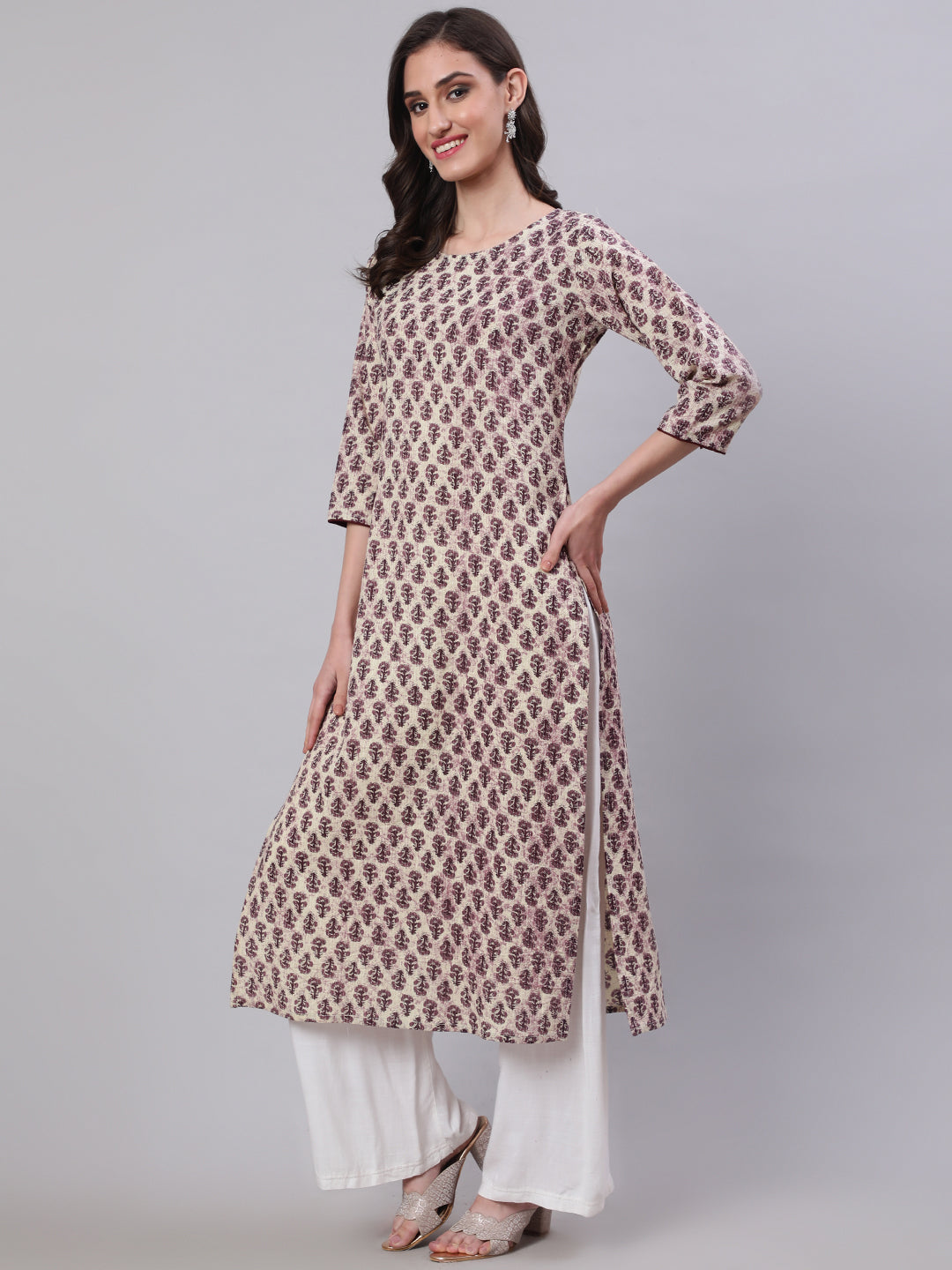 Women Beige Ethnic Printed Straight Kurta With Three Quarter Sleeves | LASVINI - Redefining Indian Fashion with Elegance