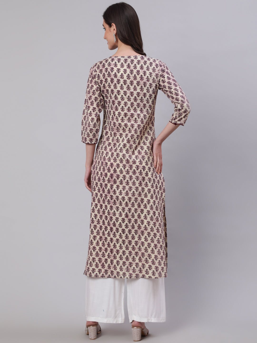 Women Beige Ethnic Printed Straight Kurta With Three Quarter Sleeves | LASVINI - Redefining Indian Fashion with Elegance