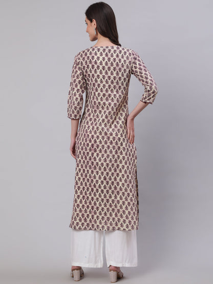 Women Beige Ethnic Printed Straight Kurta With Three Quarter Sleeves | LASVINI - Redefining Indian Fashion with Elegance